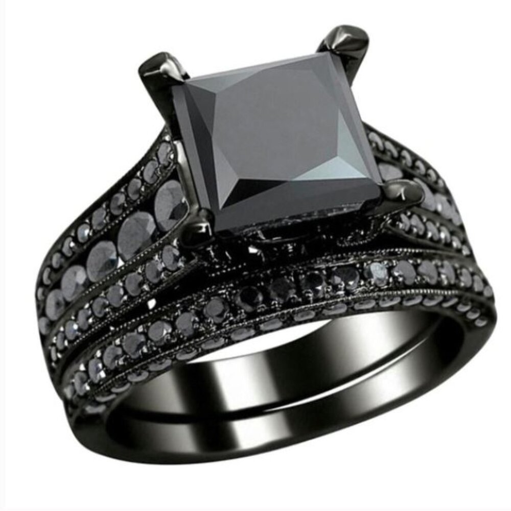 Wedding Engagement Ring Set‎ Black Diamond